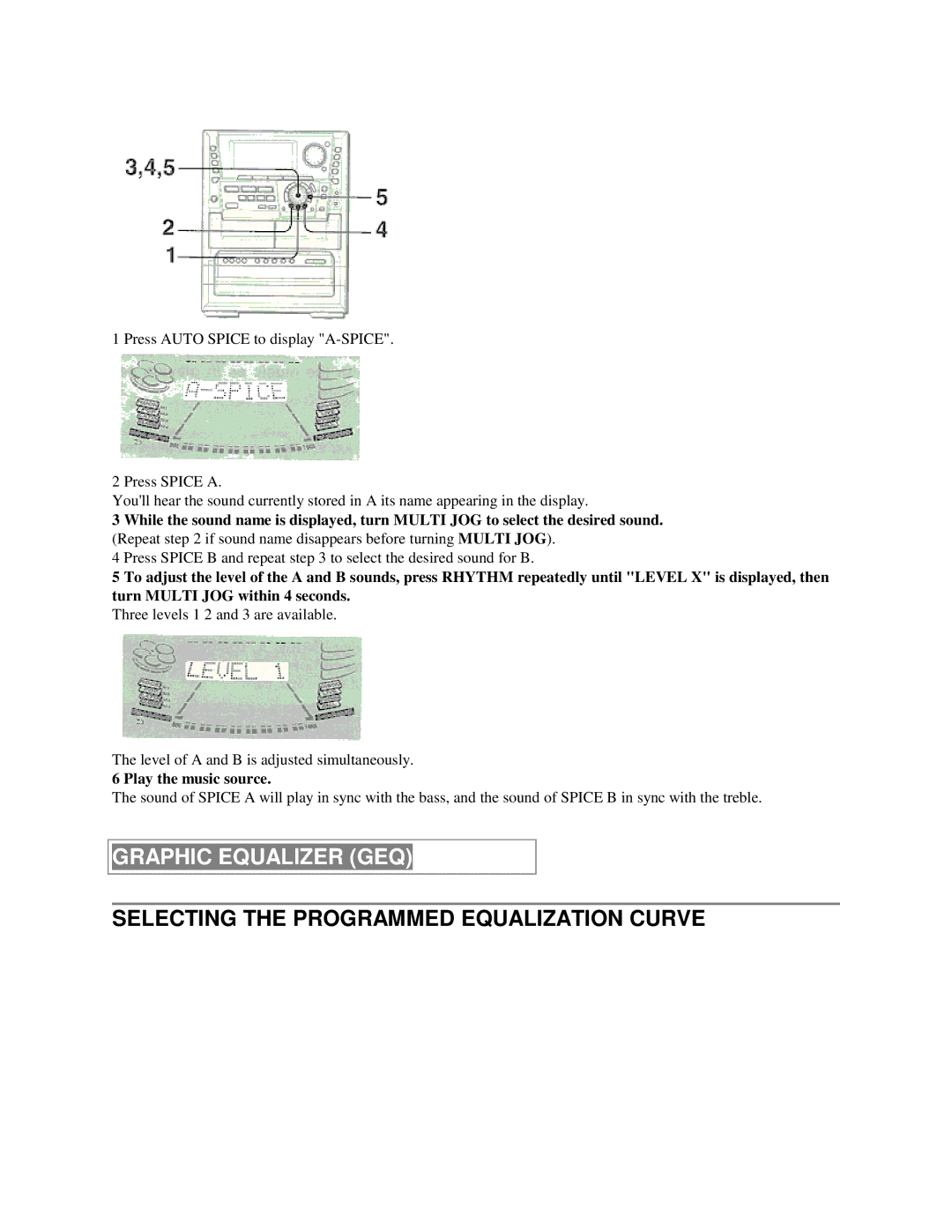 Aiwa NSX-MTD9 manual Graphic Equalizer GEQ, Selecting the Programmed Equalization Curve, Play the music source 