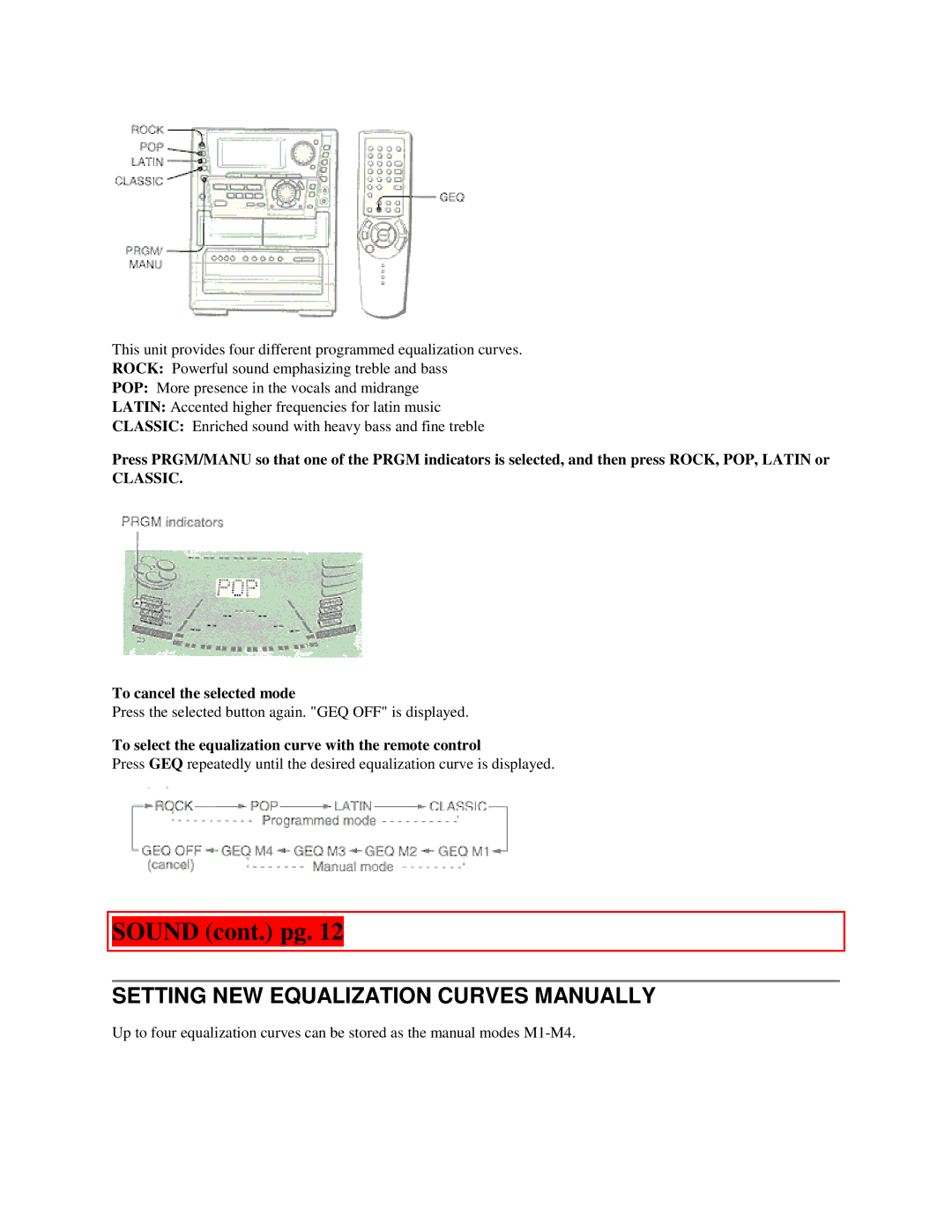 Aiwa NSX-MTD9 manual Sound cont. pg, Setting NEW Equalization Curves Manually, Classic, To cancel the selected mode 