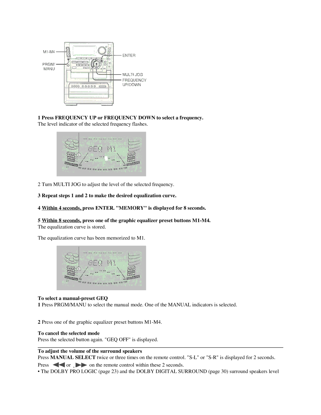 Aiwa NSX-MTD9 Press Frequency UP or Frequency Down to select a frequency, To select a manual-preset GEQ 