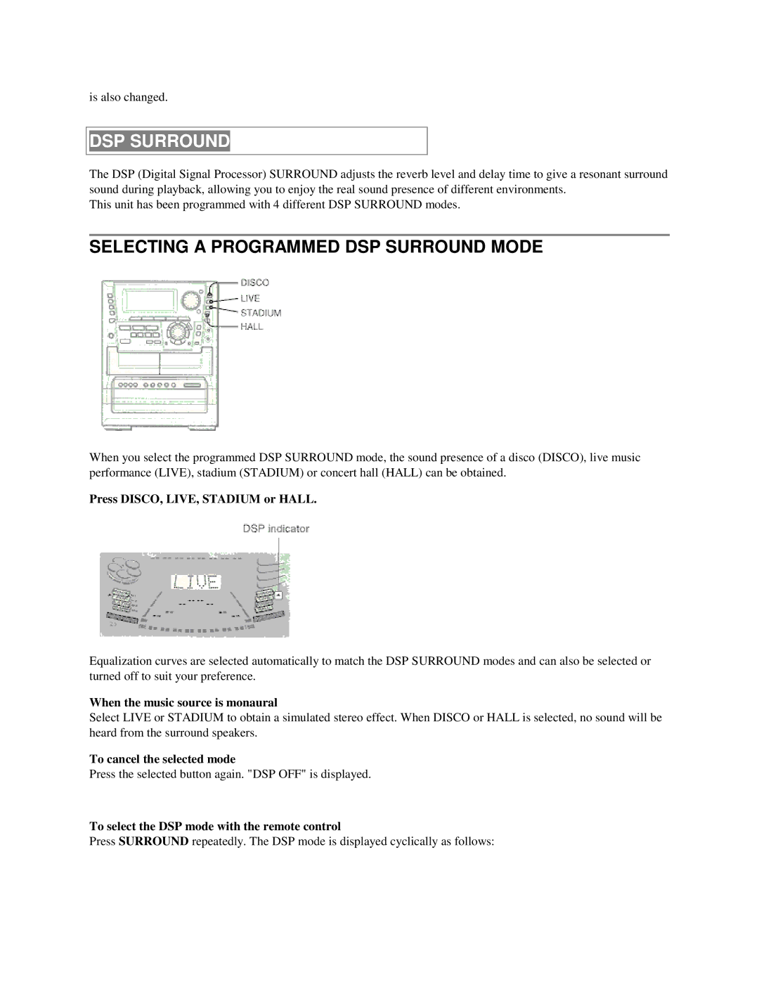 Aiwa NSX-MTD9 manual Selecting a Programmed DSP Surround Mode, Press DISCO, LIVE, Stadium or Hall 