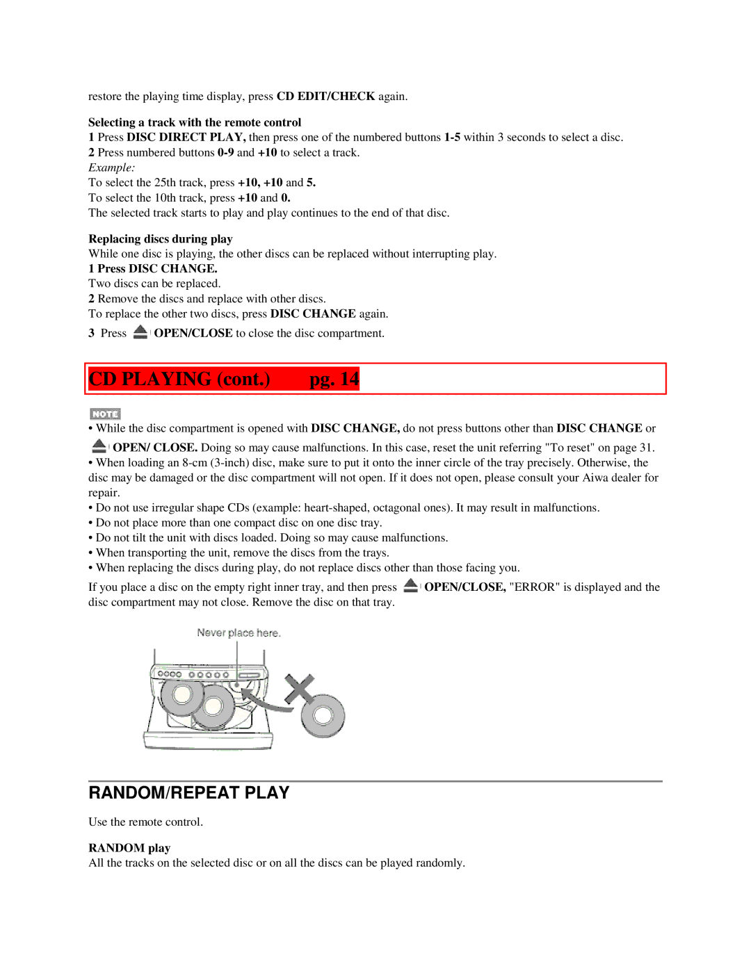 Aiwa NSX-MTD9 manual CD Playing, RANDOM/REPEAT Play 
