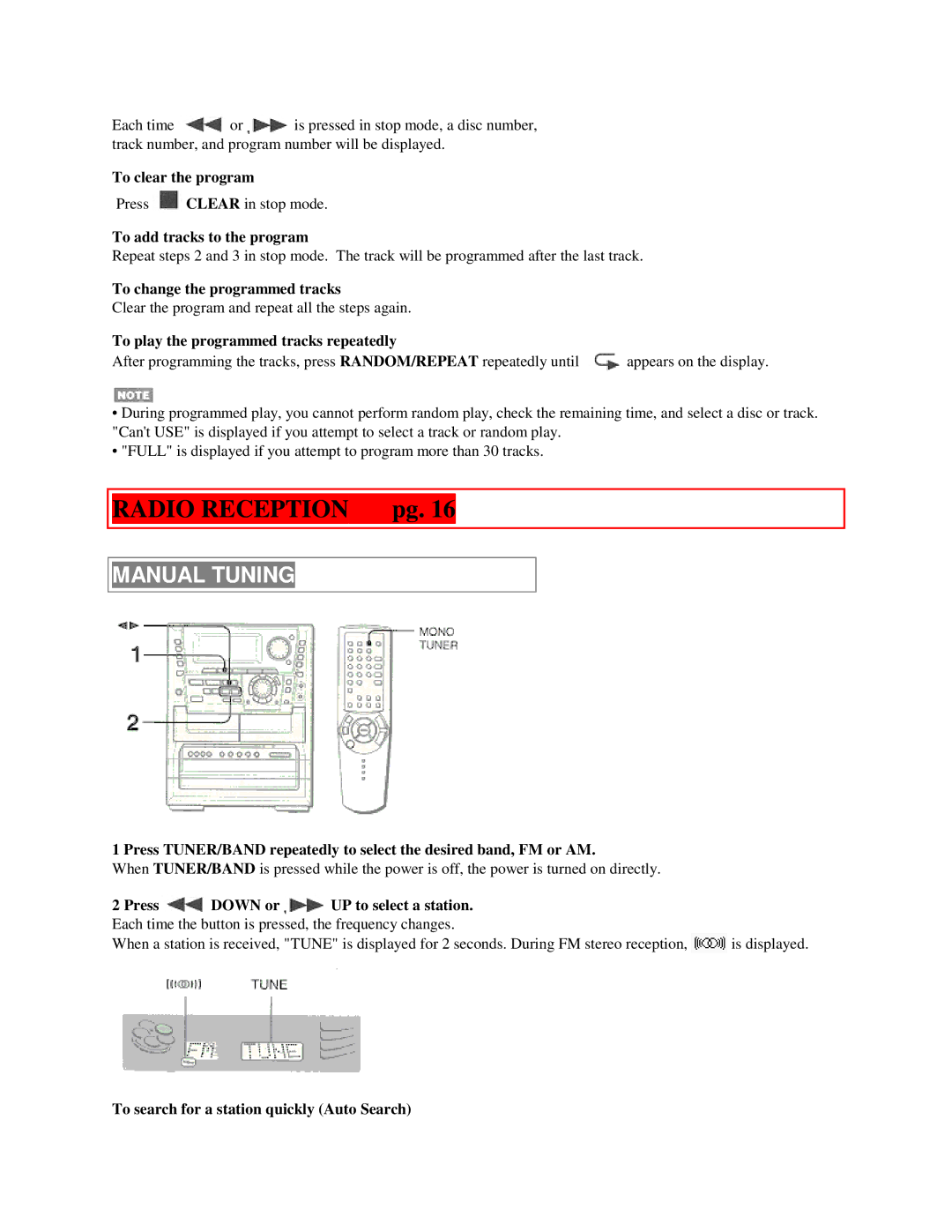 Aiwa NSX-MTD9 manual Radio Reception pg, Manual Tuning 