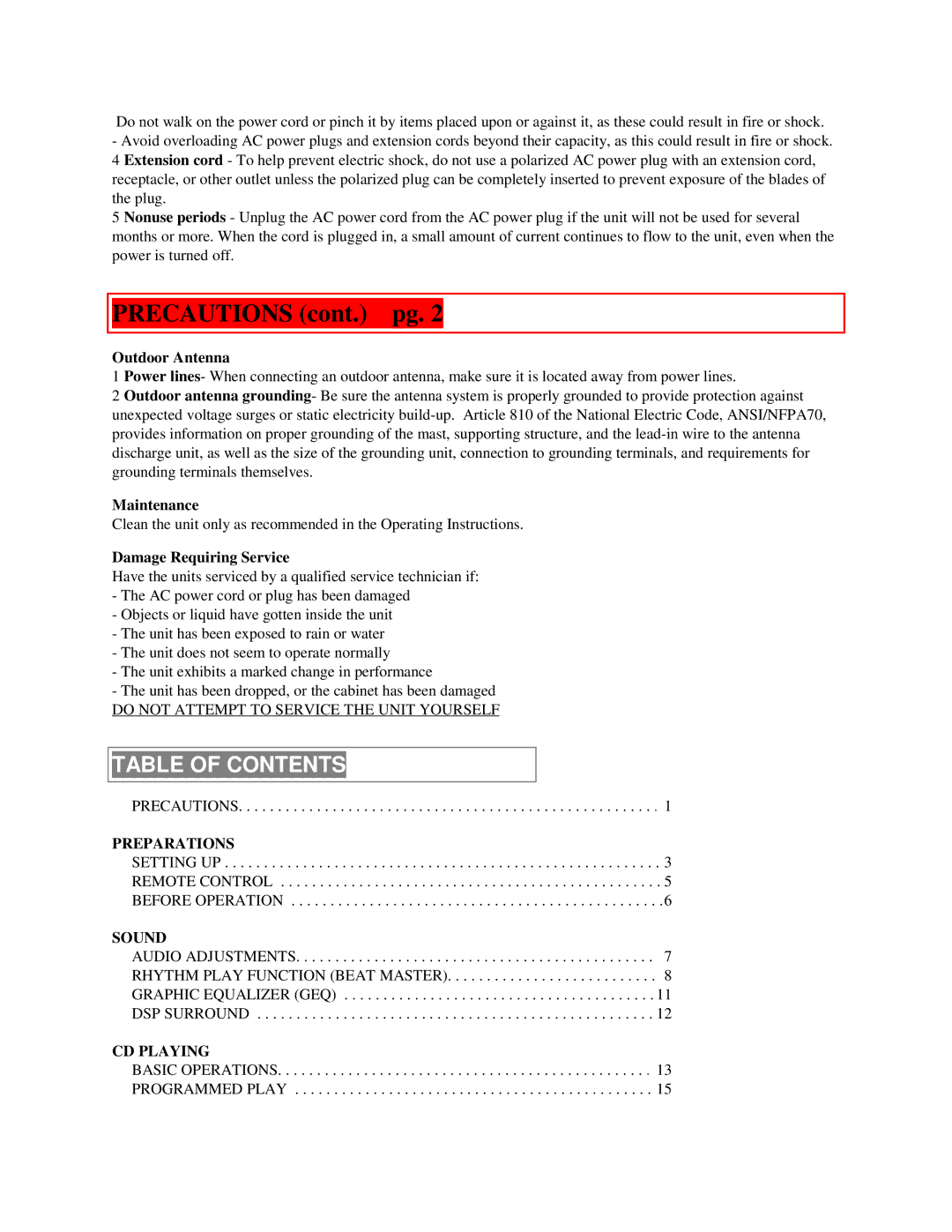 Aiwa NSX-MTD9 manual Precautions cont. pg, Table of Contents 