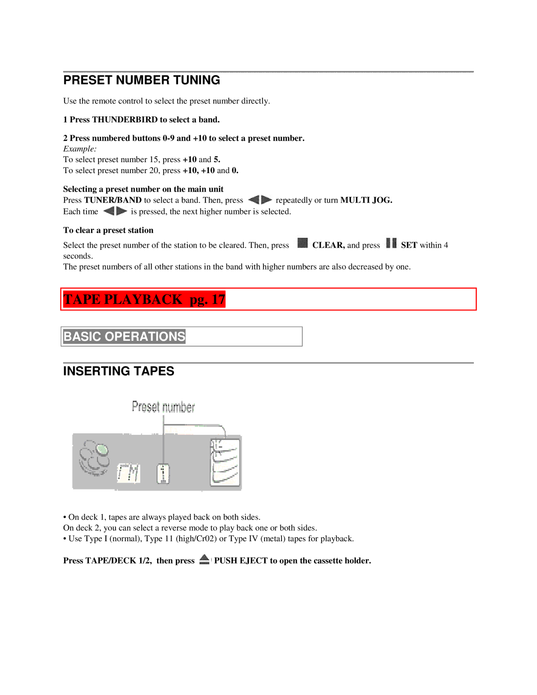 Aiwa NSX-MTD9 manual Tape Playback pg, Preset Number Tuning, Inserting Tapes, Selecting a preset number on the main unit 