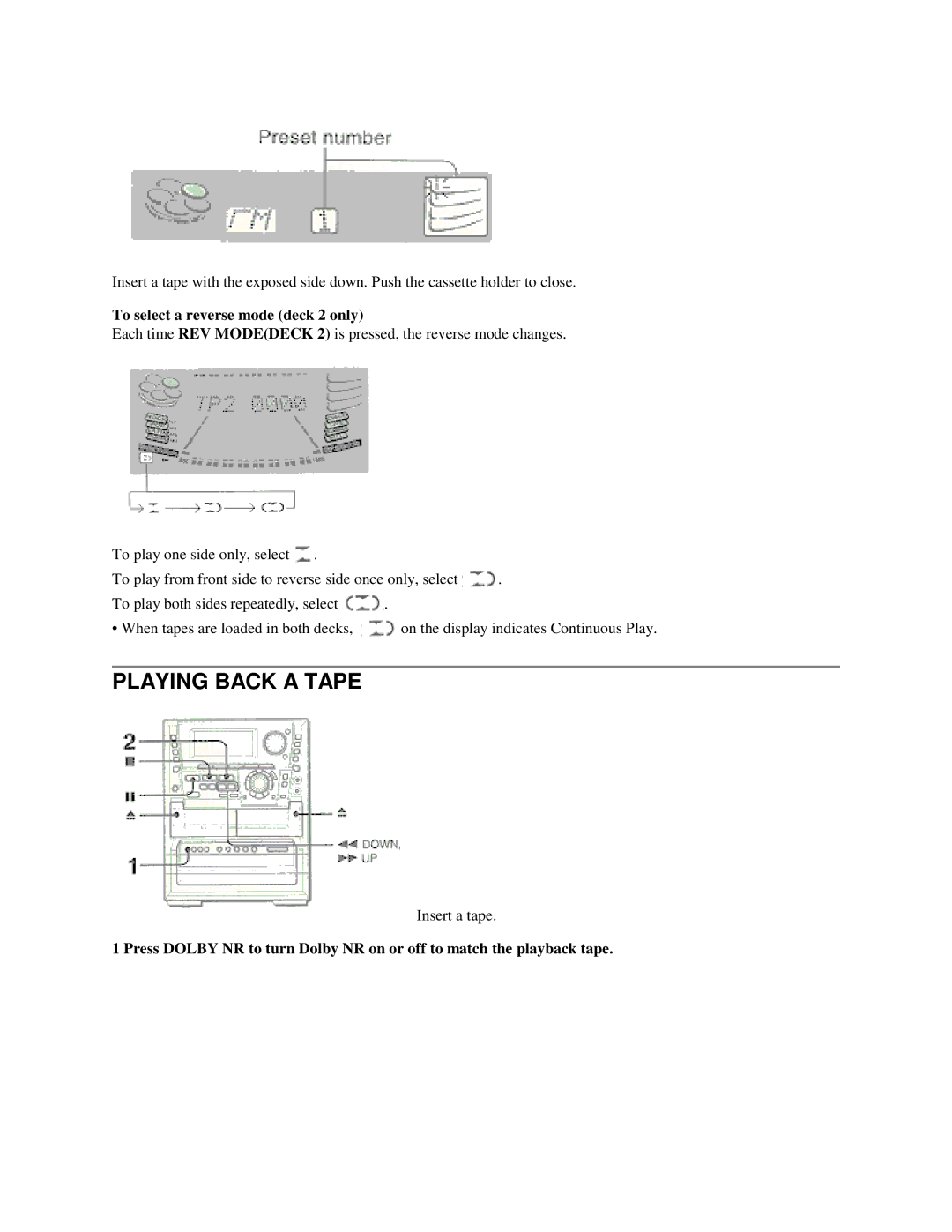 Aiwa NSX-MTD9 manual Playing Back a Tape, To select a reverse mode deck 2 only 