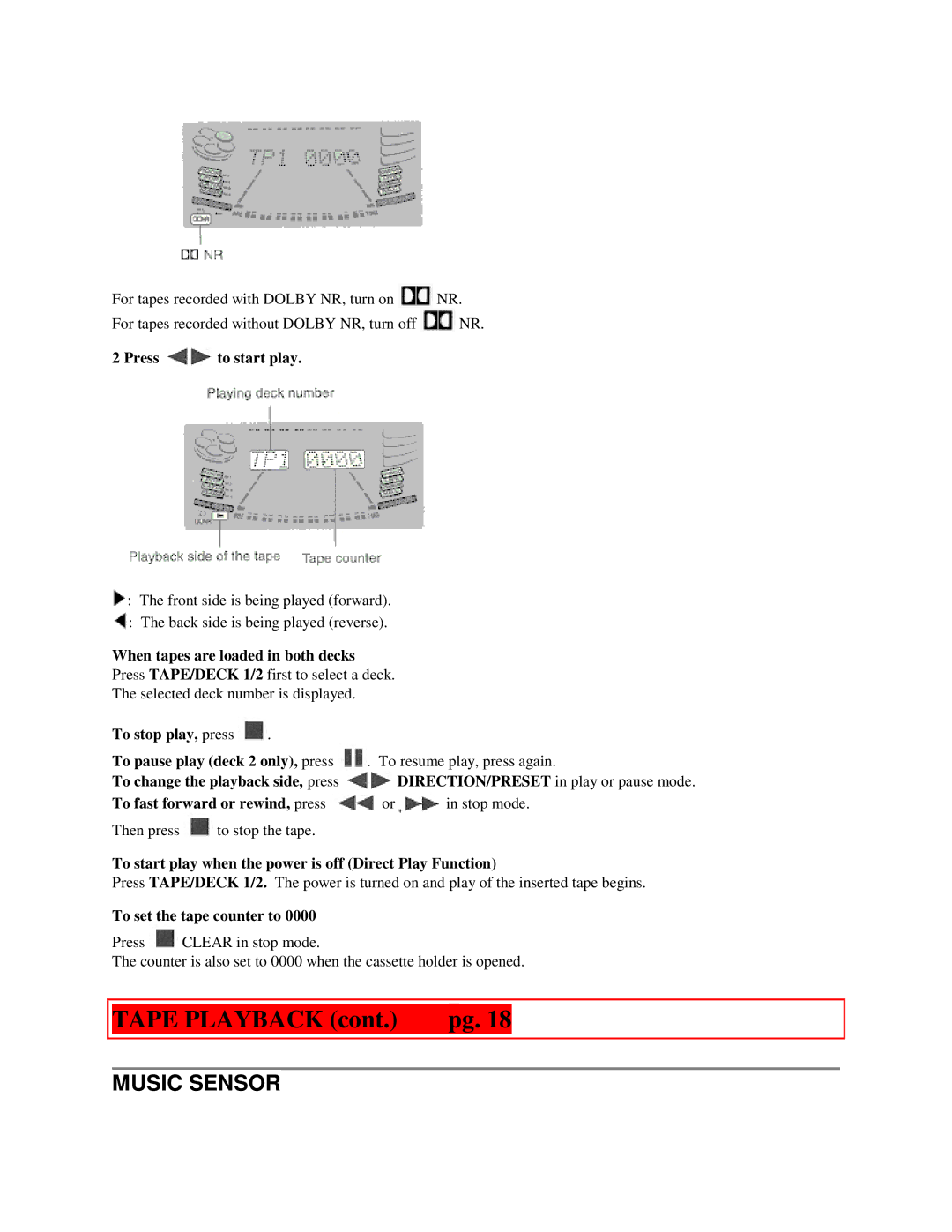 Aiwa NSX-MTD9 manual Tape Playback cont. pg, Music Sensor 