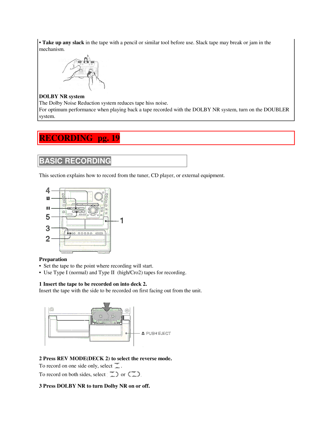 Aiwa NSX-MTD9 manual Recording pg, Basic Recording 