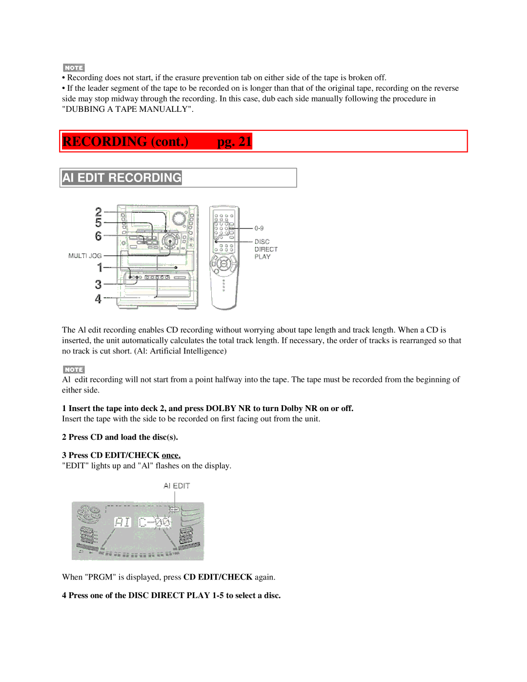 Aiwa NSX-MTD9 manual AI Edit Recording, Press CD and load the discs Press CD EDIT/CHECK once 