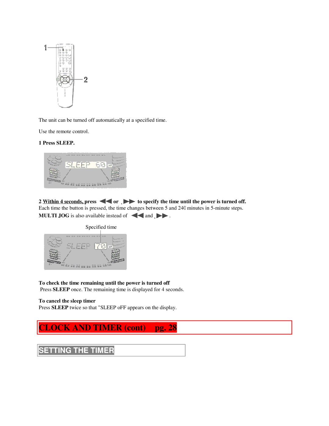 Aiwa NSX-MTD9 manual Clock and Timer cont pg, Setting the Timer, To check the time remaining until the power is turned off 