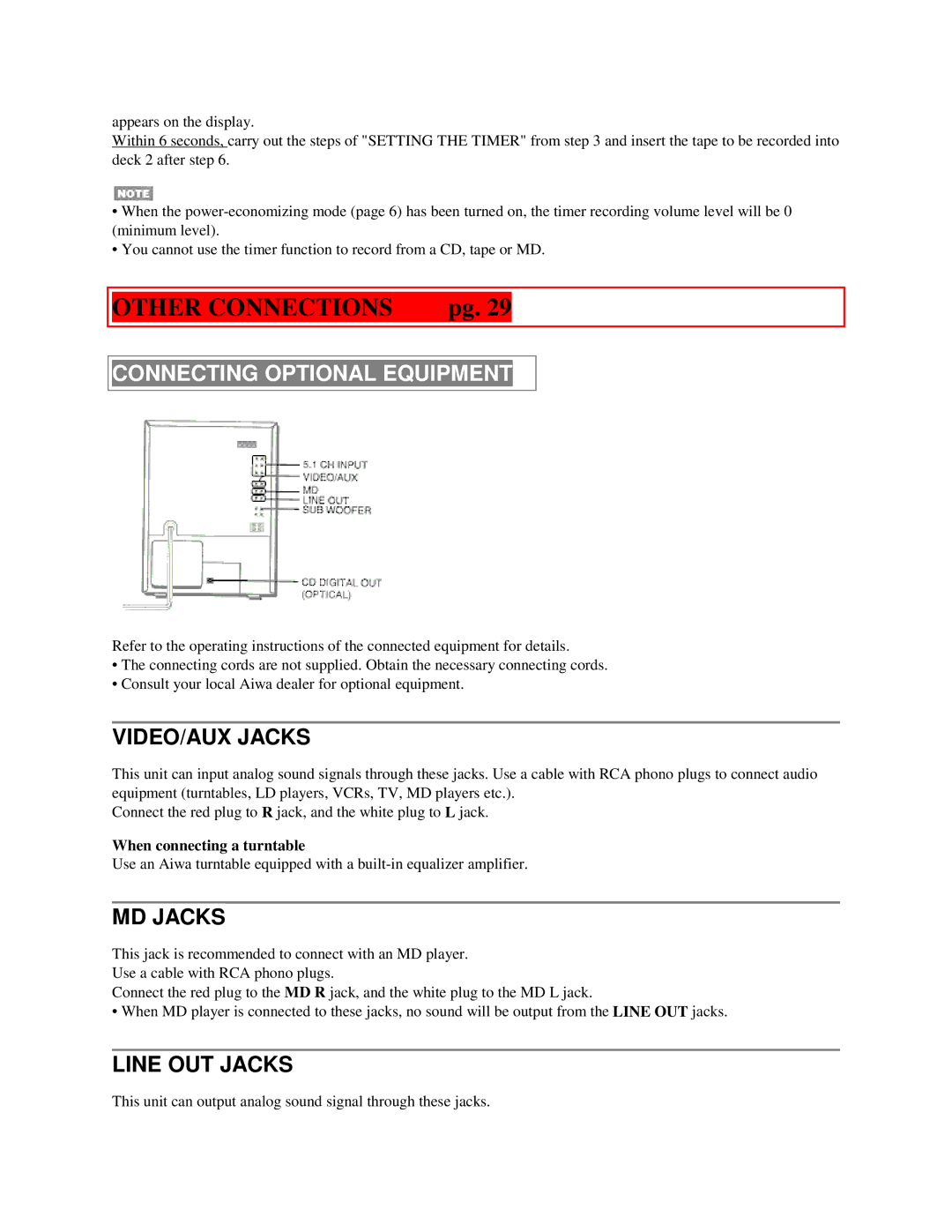 Aiwa NSX-MTD9 manual Connecting Optional Equipment, VIDEO/AUX Jacks, MD Jacks, Line OUT Jacks, When connecting a turntable 