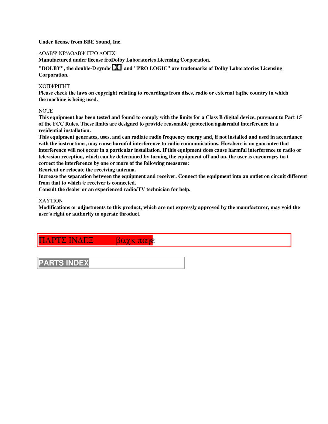 Aiwa NSX-MTD9 manual Parts Index, Dolby NR/DOLBY PRO Logic, Copyright 