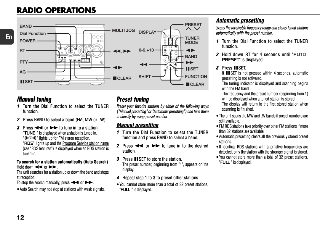 Aiwa NSX-R71 manual Radio Operations, Manual tuning, Preset tuning, Manual presetting, Automatic presetting 