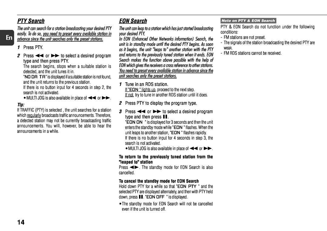 Aiwa NSX-R71 manual PTY Search, EON Search 