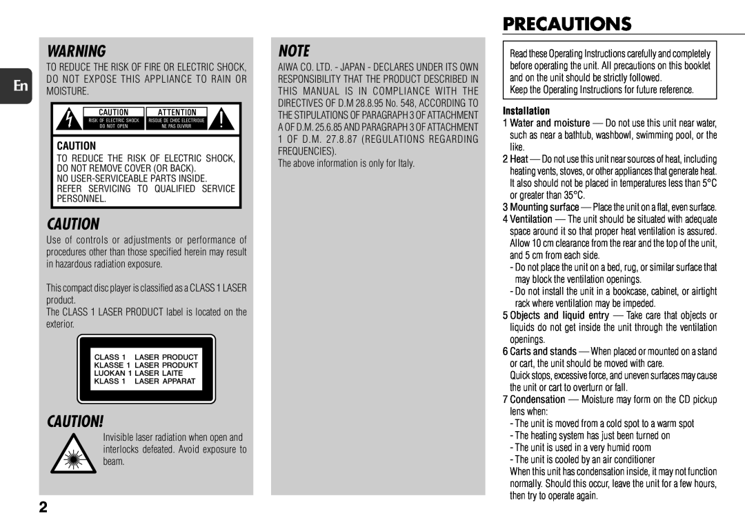 Aiwa NSX-R71 manual Precautions, Installation 