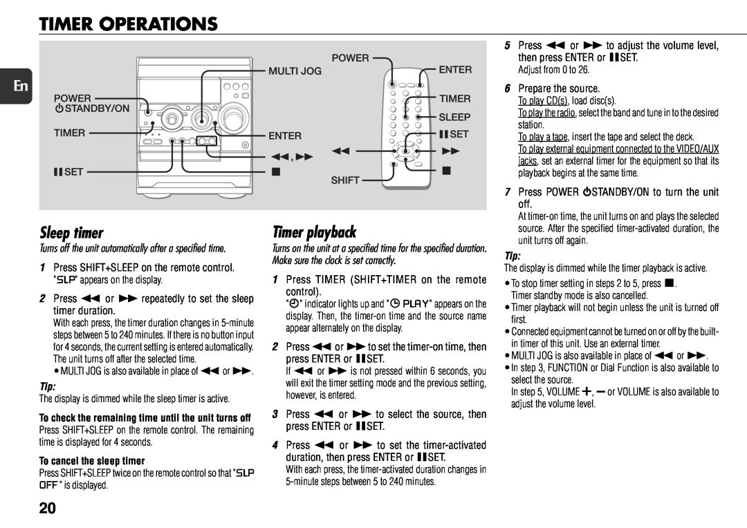 Aiwa NSX-R71 manual Timer Operations, Sleep timer, Timer playback 