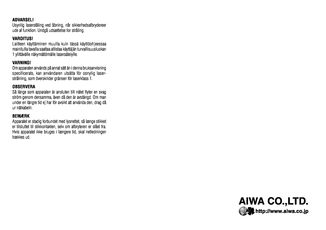 Aiwa NSX-R71 manual Advarsel, Varoitus, Varning, Observera, Bemærk 