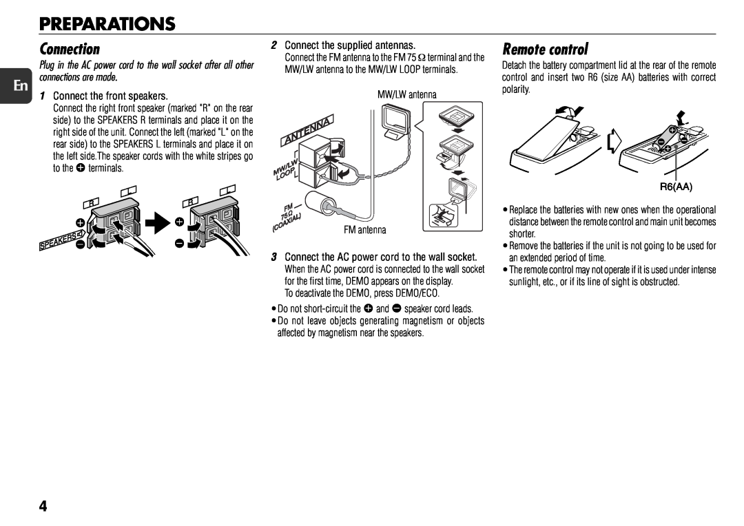 Aiwa NSX-R71 manual Preparations, Connection, Remote control 