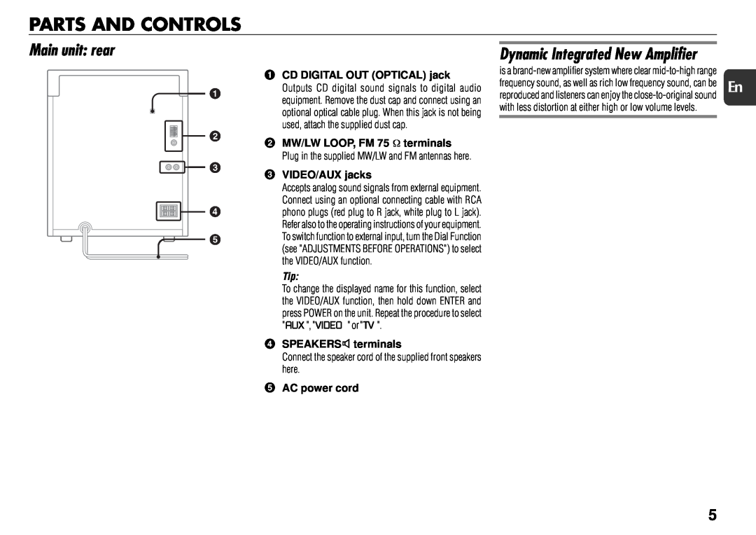 Aiwa NSX-R71 manual Parts And Controls, Main unit rear, Dynamic Integrated New Amplifier 
