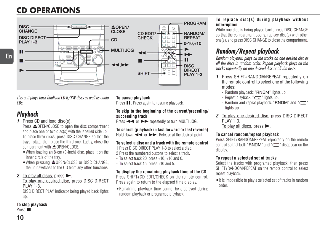 Aiwa NSX-TR77 manual CD Operations, Random/Repeat playback, Playback 