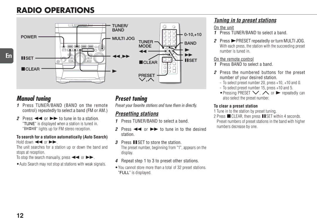 Aiwa NSX-TR77 manual Radio Operations, Manual tuning, Preset tuning, To clear a preset station 