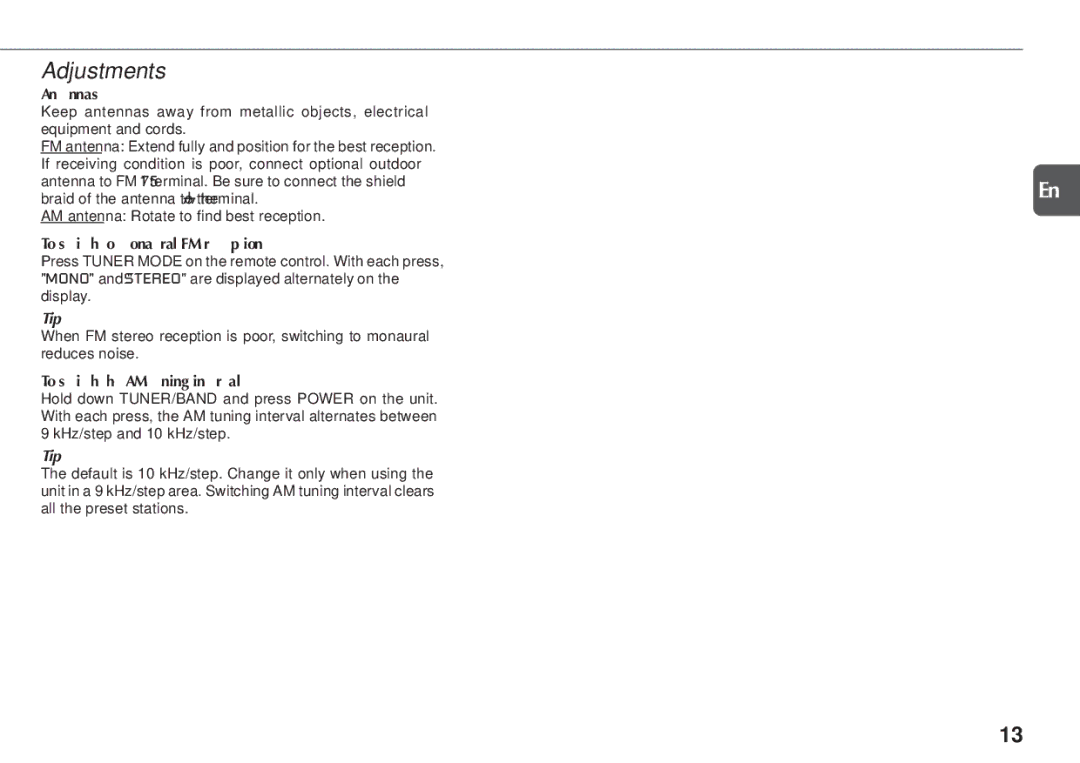 Aiwa NSX-TR77 manual Adjustments, Antennas, AM antenna Rotate to find best reception, To switch to monaural FM reception 