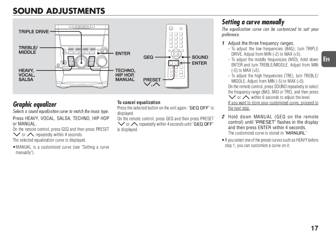 Aiwa NSX-TR77 Sound Adjustments, Graphic equalizer, Setting a curve manually, To cancel equalization 