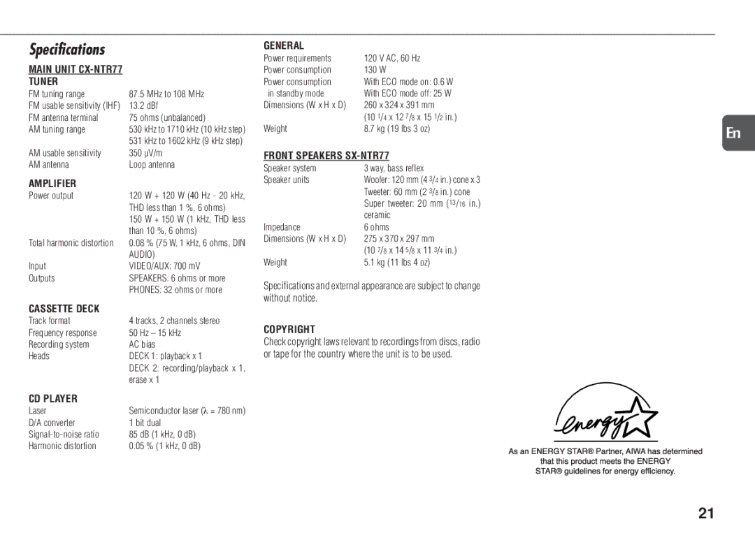 Aiwa NSX-TR77 manual Specifications 