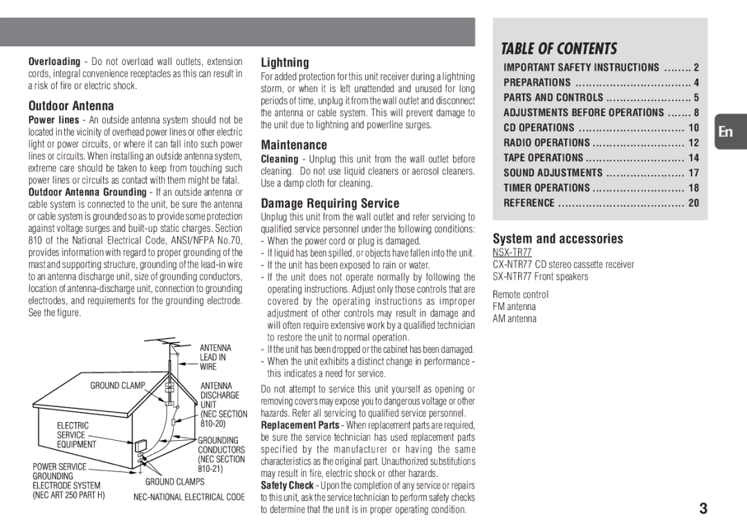 Aiwa NSX-TR77 manual Table of Contents 