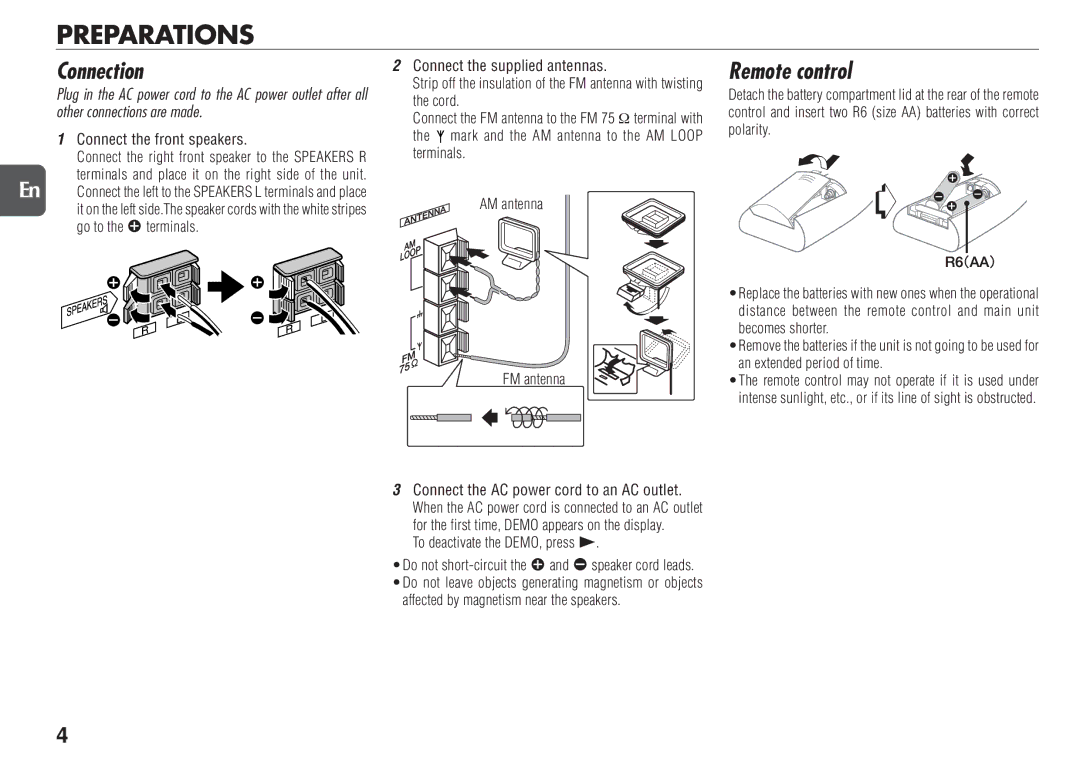 Aiwa NSX-TR77 manual Preparations, Connection, Remote control 