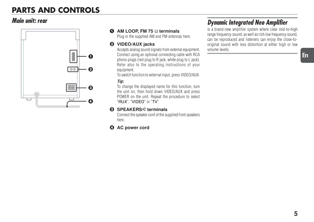 Aiwa NSX-TR77 manual Parts and Controls, Main unit rear, Dynamic Integrated Neo Amplifier 