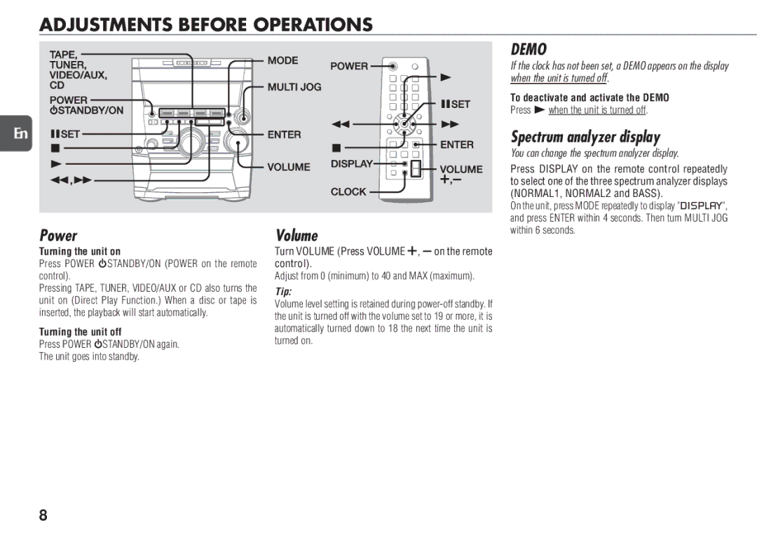 Aiwa NSX-TR77 manual Adjustments Before Operations, Spectrum analyzer display, Power, Volume 