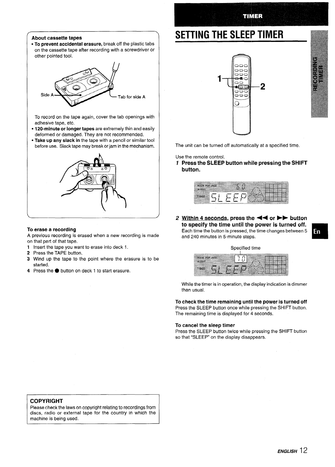 Aiwa NSX-V2100 manual Setting the Sleeip Timer, Press the Sleep button while pressing the Shift button, Copyright 