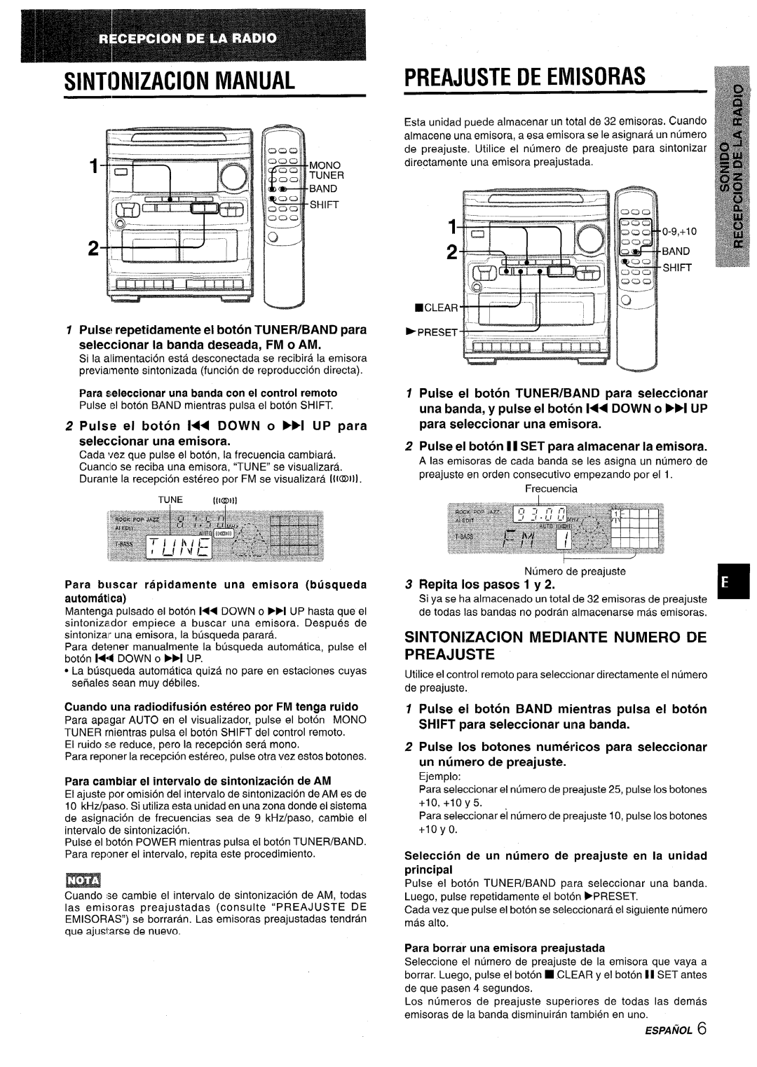 Aiwa NSX-V2100 manual Sintonizacion Manual, Preajuste DE Emisoras, Sintonizacion Mediante Numero DE Preajuste 