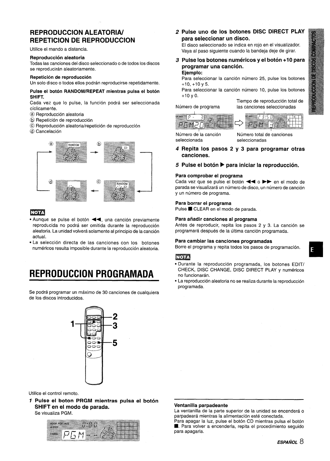 Aiwa NSX-V2100 REPRODUCC1ON Programada, Reprcduccion ALEATORIA/ Repetition DE Reproduction, Shift en e! modo de parada 