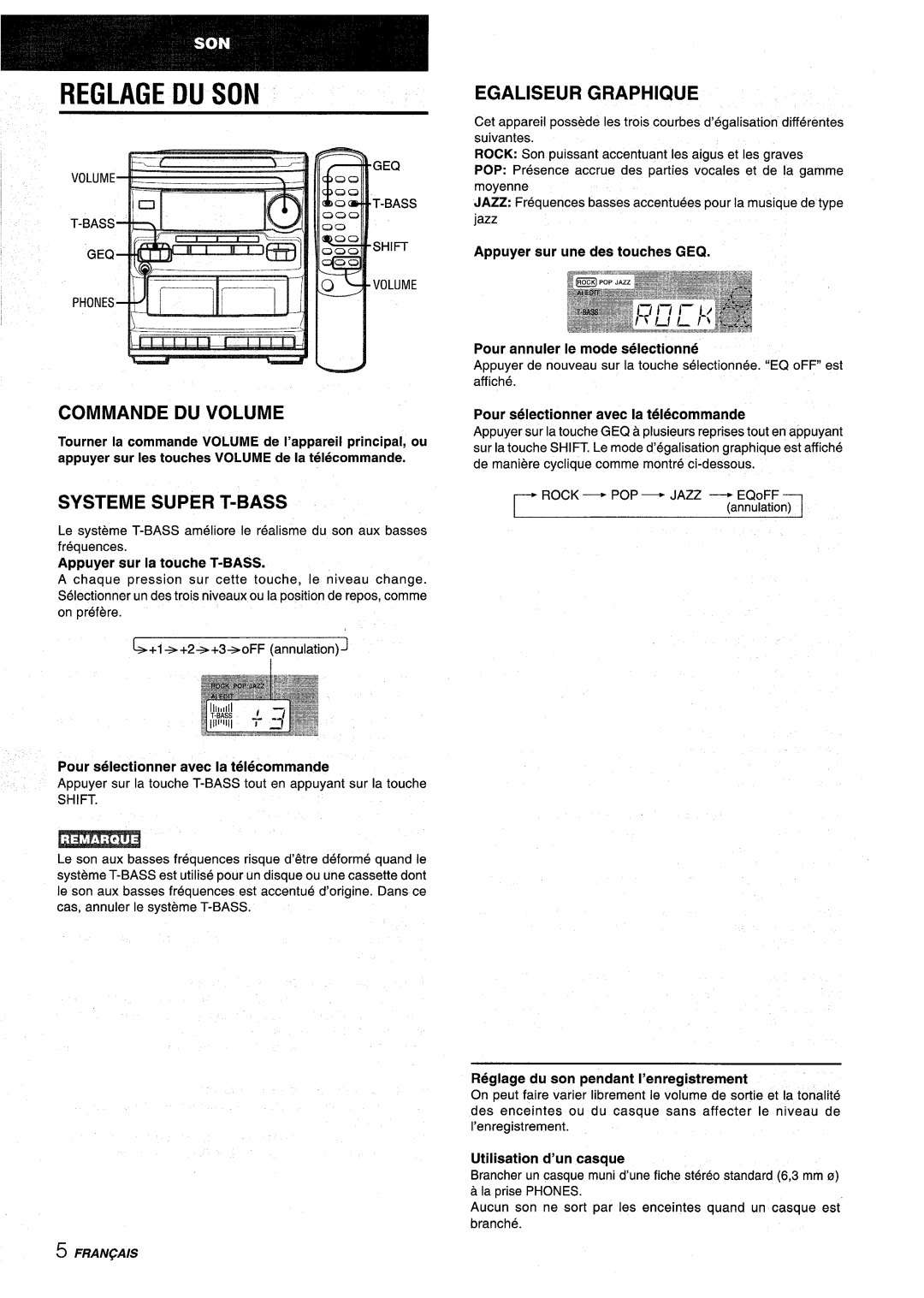 Aiwa NSX-V2100 Reglage DU SON, Commande DU Volume, Systeme Super T-BASS, Egaliseur Graphique, Appuyer sur la touche T-BASS 