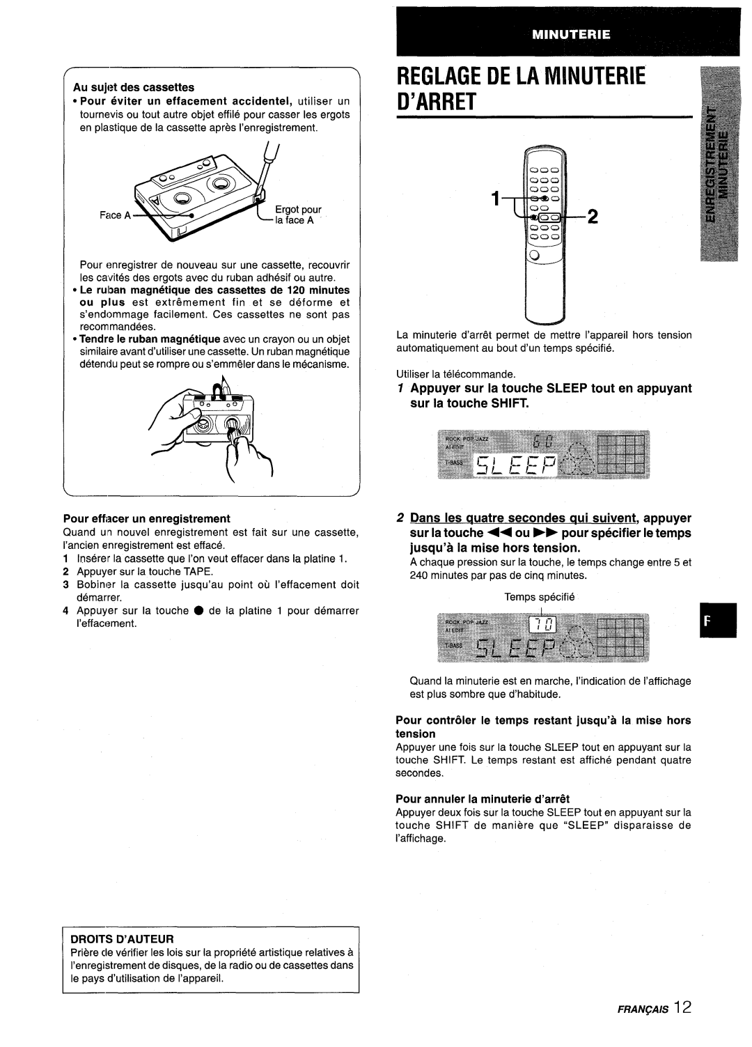 Aiwa NSX-V2100 manual Reglage DE LA Minuterie ’ARRET, Le rulban magnetique des cassettes de 120 minutes, Droits D’AUTEUR 