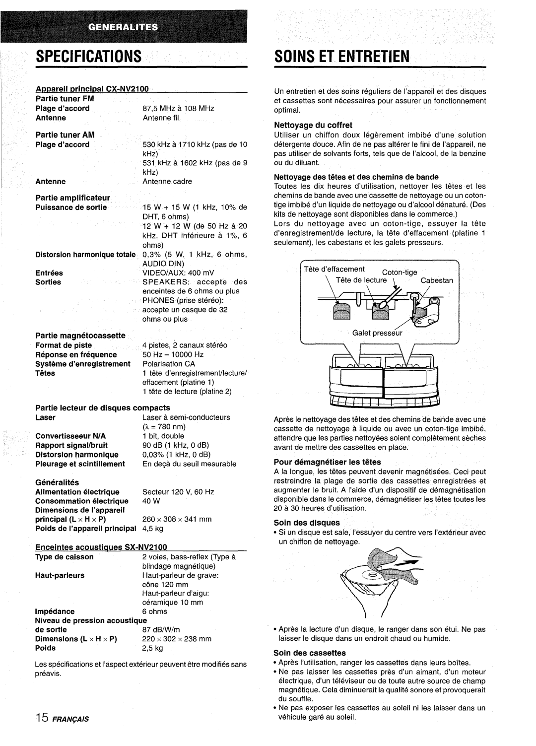 Aiwa NSX-V2100 manual Soins ET Entretien, Generalities Alimentation electrique, Soin des disques 