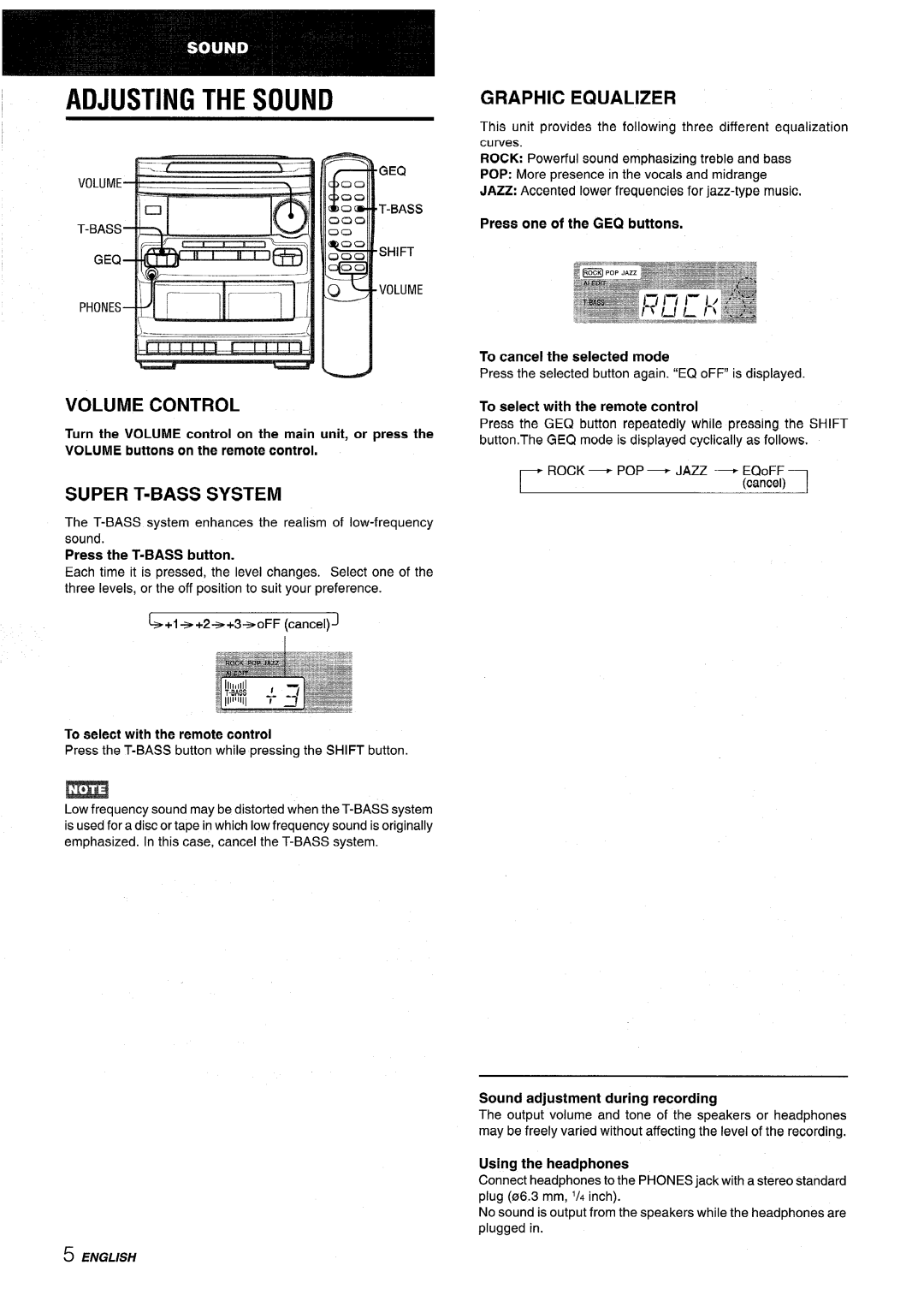 Aiwa NSX-V2100 manual Volume Control, Super T-BASS System, Graphic Equalizer, Preee one of the GEQ buttons 