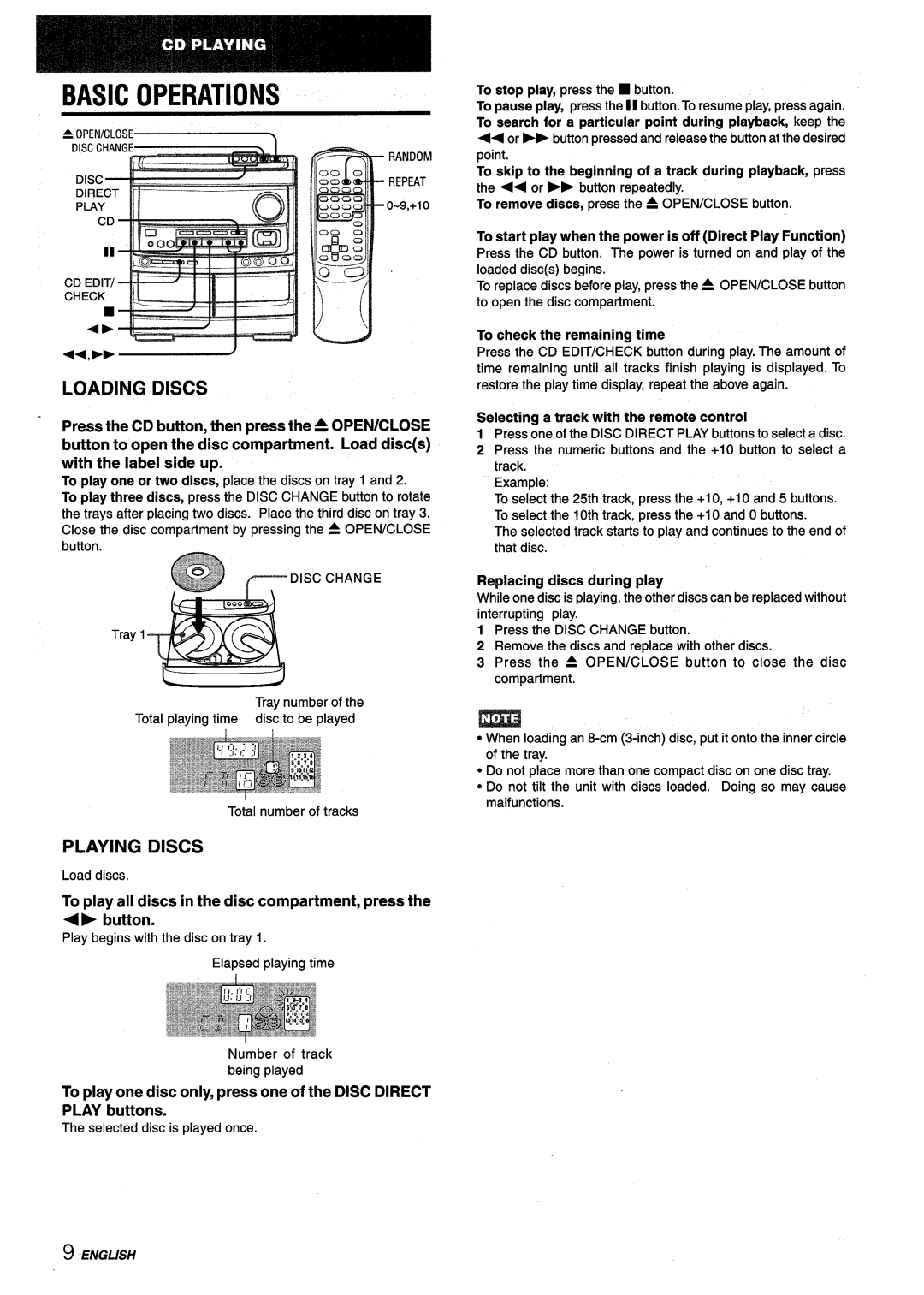 Aiwa NSX-V9000 manual Basic Operations, Loading Discs, Playing Discs 