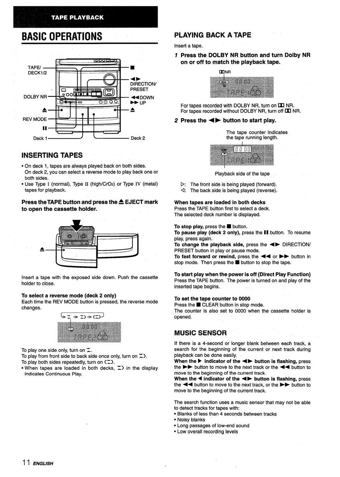 Aiwa NSX-V9000 manual Inserting Tapes, Playing Back a Tape, Music Sensor 