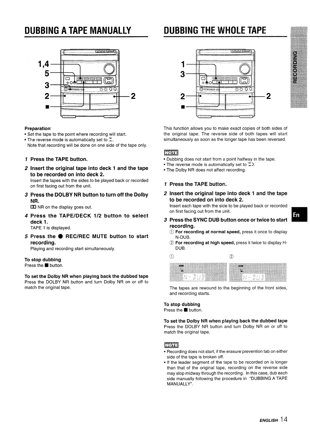 Aiwa NSX-V9000 manual Dubbing a Tape Manually, Press the Dolby NR button to turn off the Dolby NR, Recording 