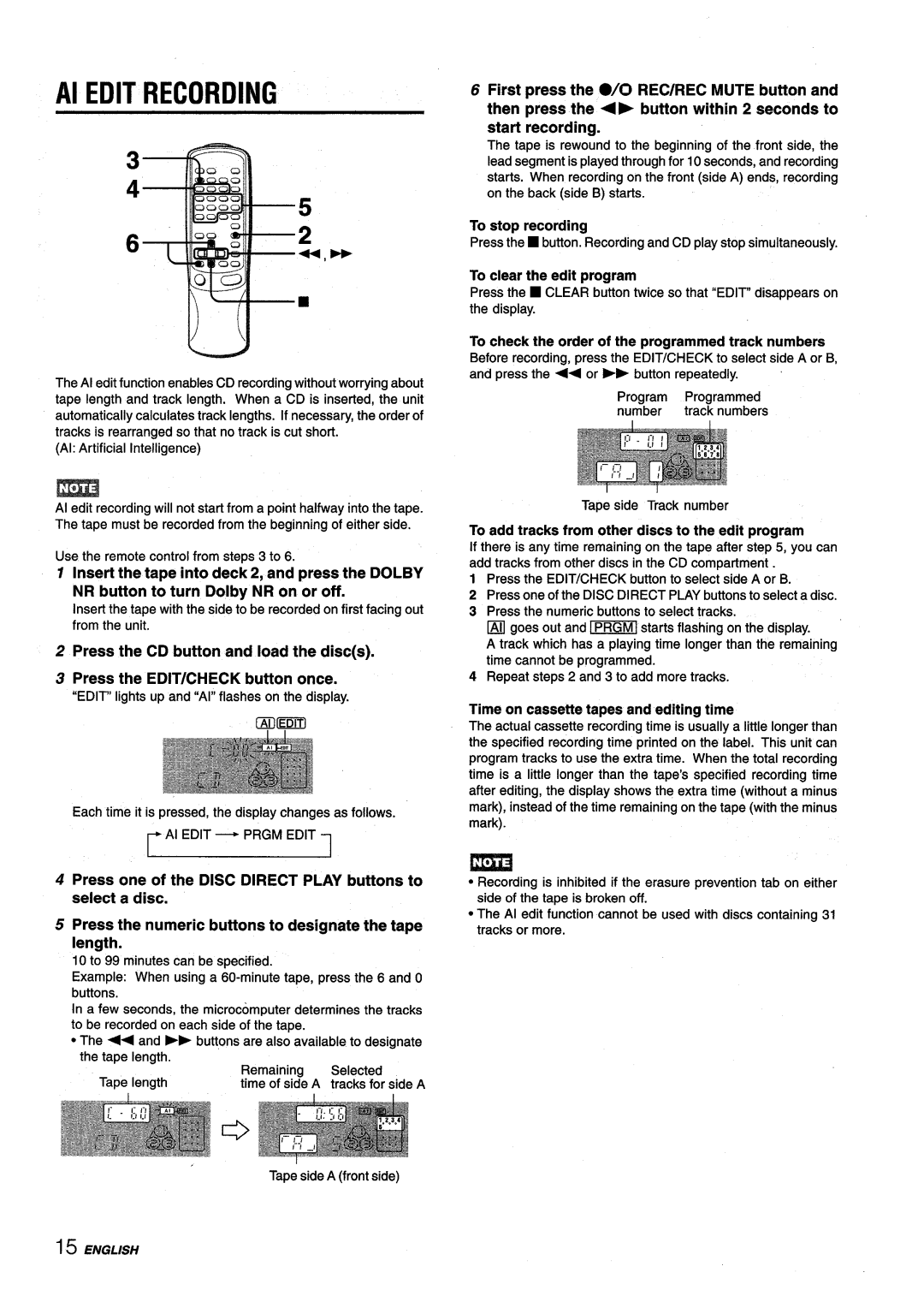 Aiwa NSX-V9000 manual To stop recording, To clear the edit program, To check the order of the programmed track numbers 