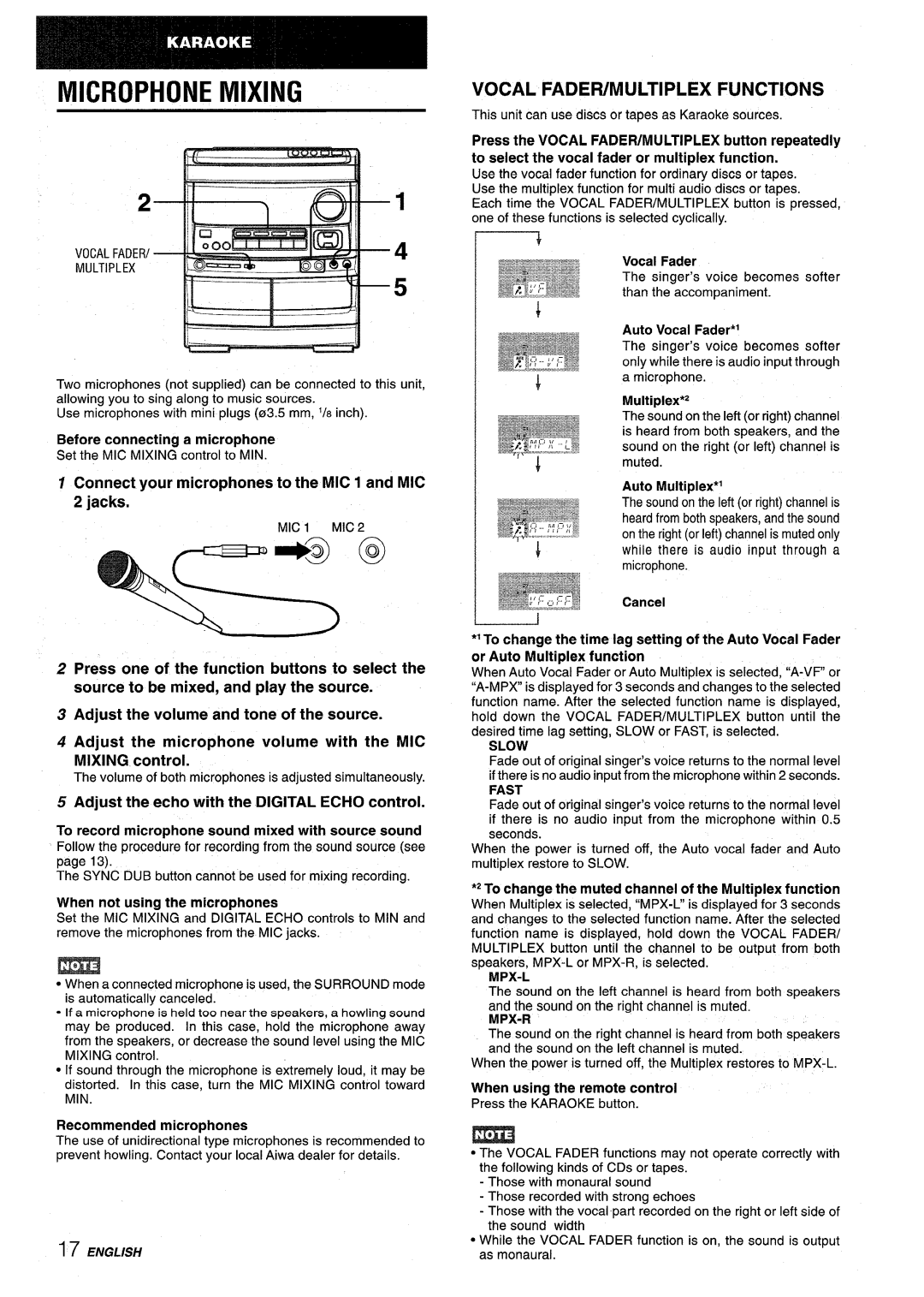 Aiwa NSX-V9000 manual Vocal Fadefumultiplex Functions, Connect your microphones to the MIC 1 and MIC 2 jacks 