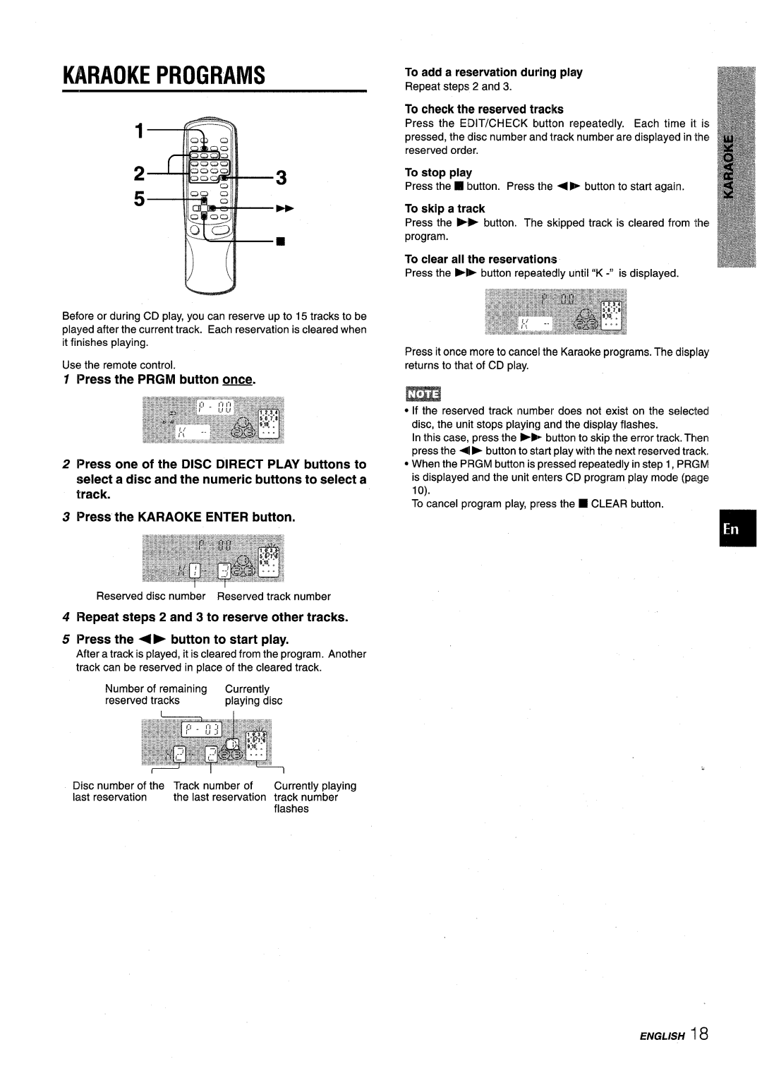 Aiwa NSX-V9000 manual Karaoke Programs, To add a reservation during play, To check the reserved traclks, To skip a track 