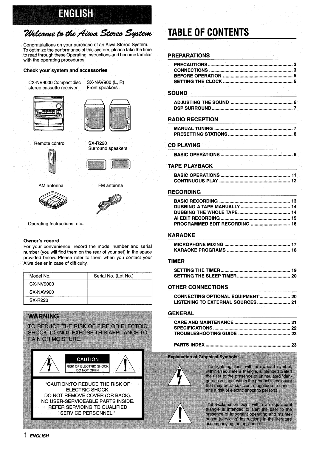 Aiwa NSX-V9000 manual Table of Contents 