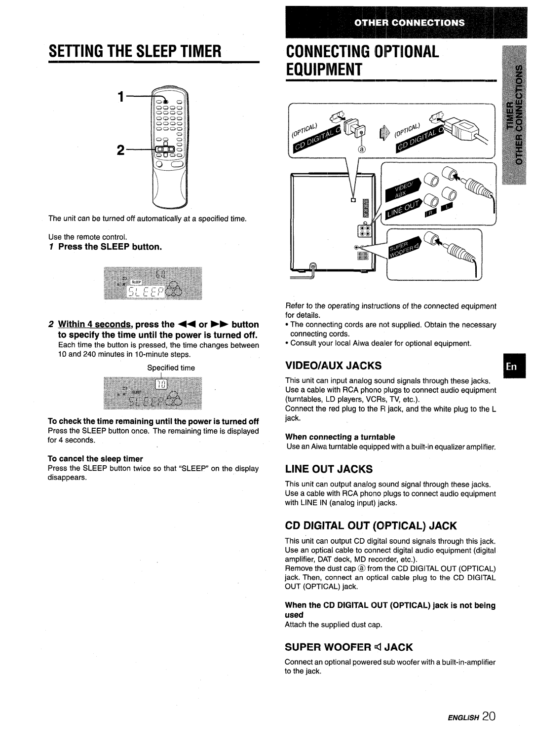 Aiwa NSX-V9000 manual Setting the Sleep Timer, Connecting Oiptional Equipment, VIDEO/AUX Jacks, Line Ouit Jaciks 