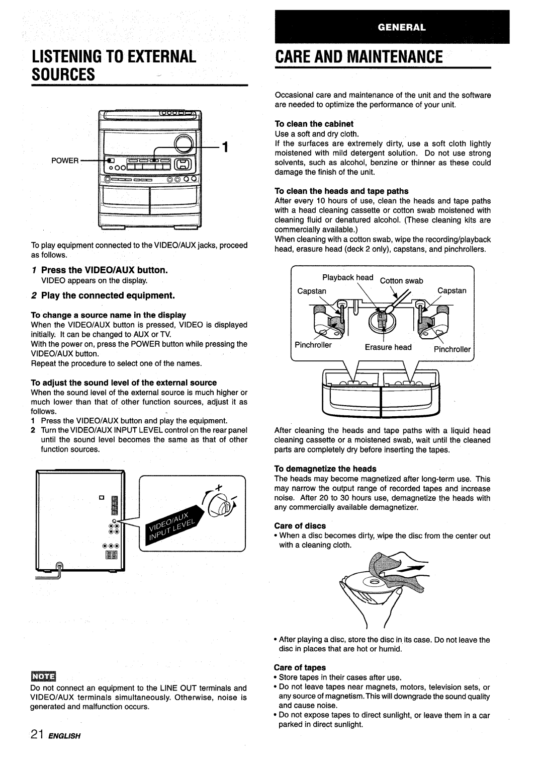 Aiwa NSX-V9000 manual Listening to External Sources, Care and Maintenance, Press the VIDEO/AUX button 