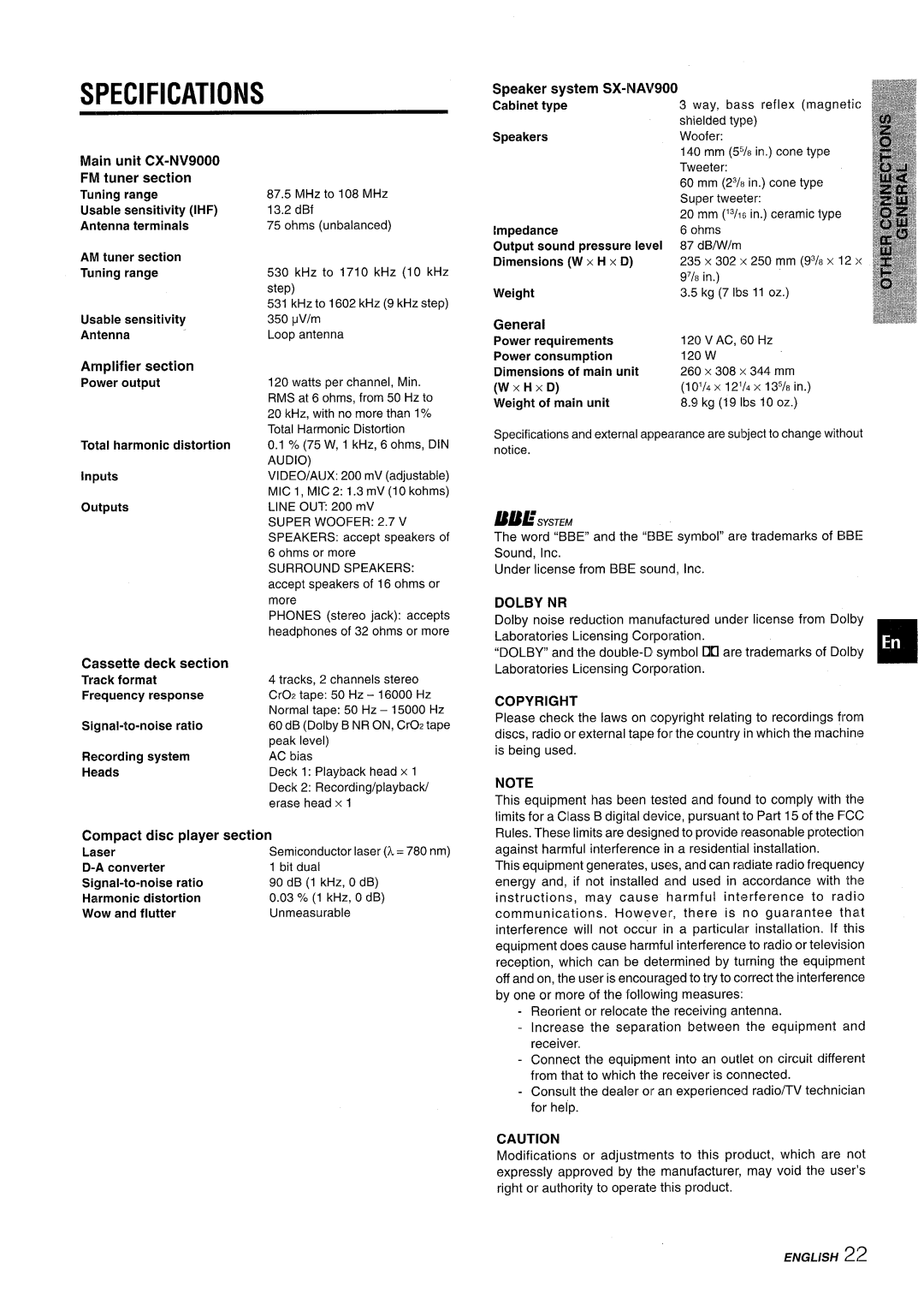 Aiwa NSX-V9000 manual Specifications, Dolby NR, Copyright 