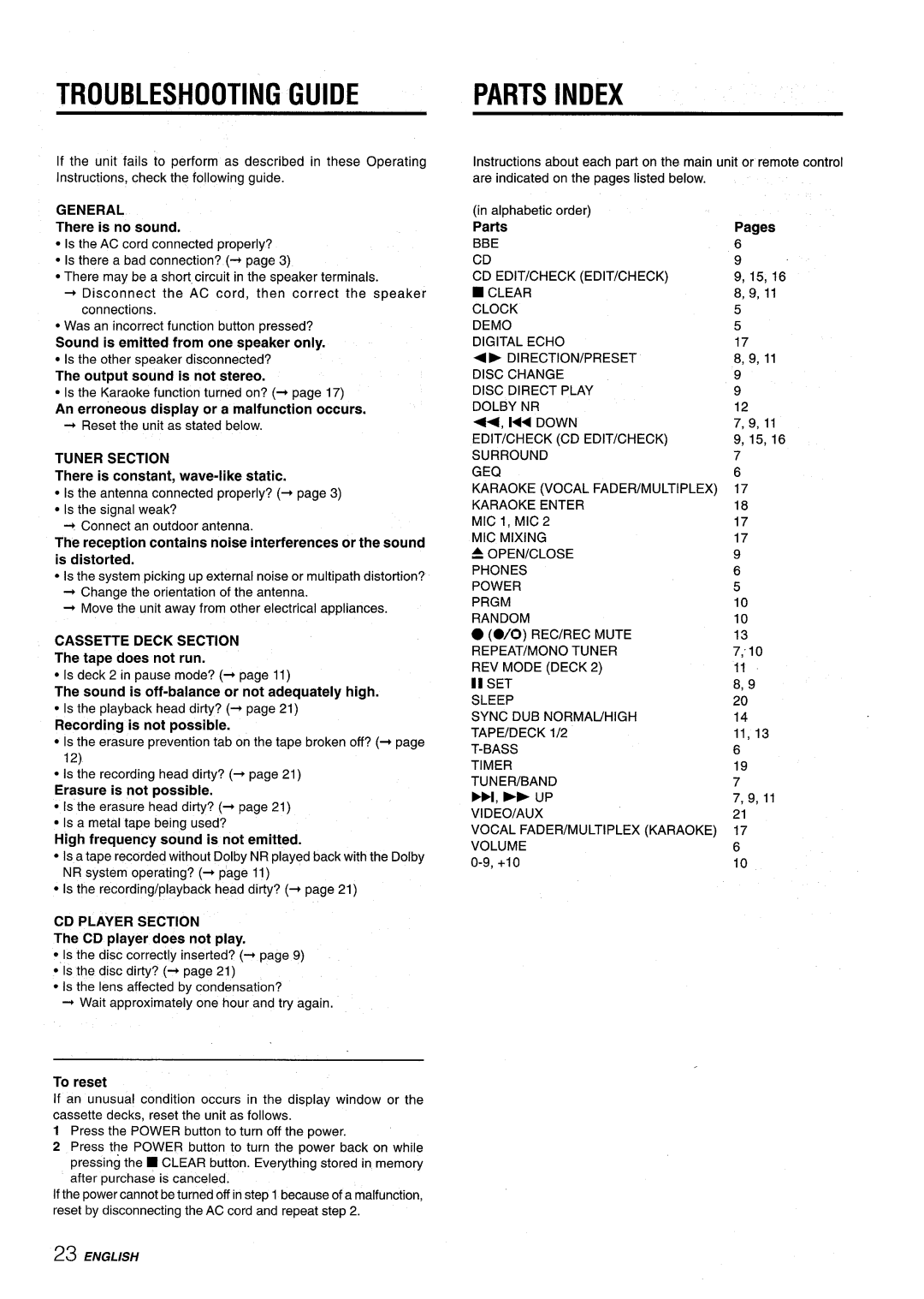 Aiwa NSX-V9000 manual Troubleshooting Guide, Parts Index 