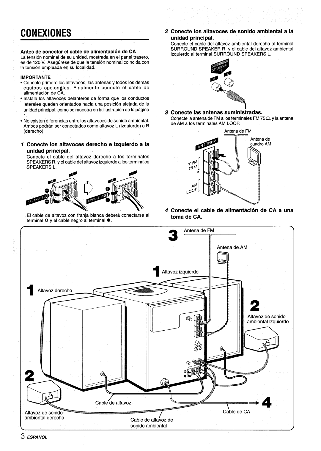 Aiwa NSX-V9000 Conexiones, Conecte Ias antenas suministradas, Conecte el cable de alimentacion de CA a una toma de CA 